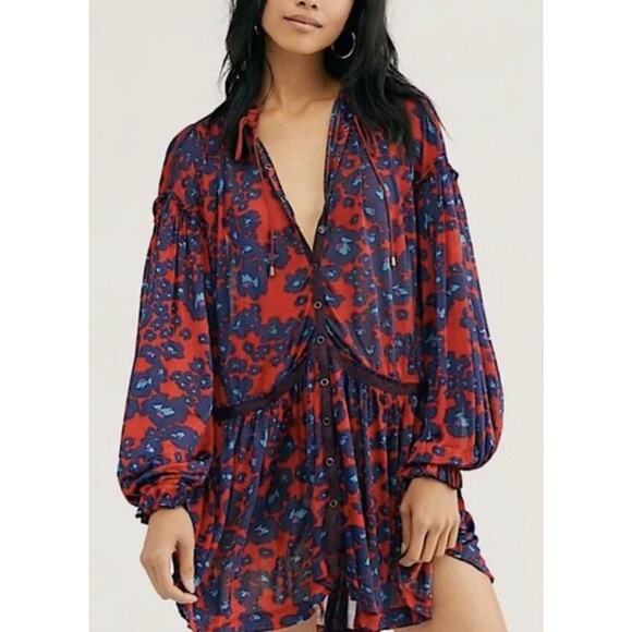 Free People Red and Blue Animal print tunic top. Small - Picture 2 of 4
